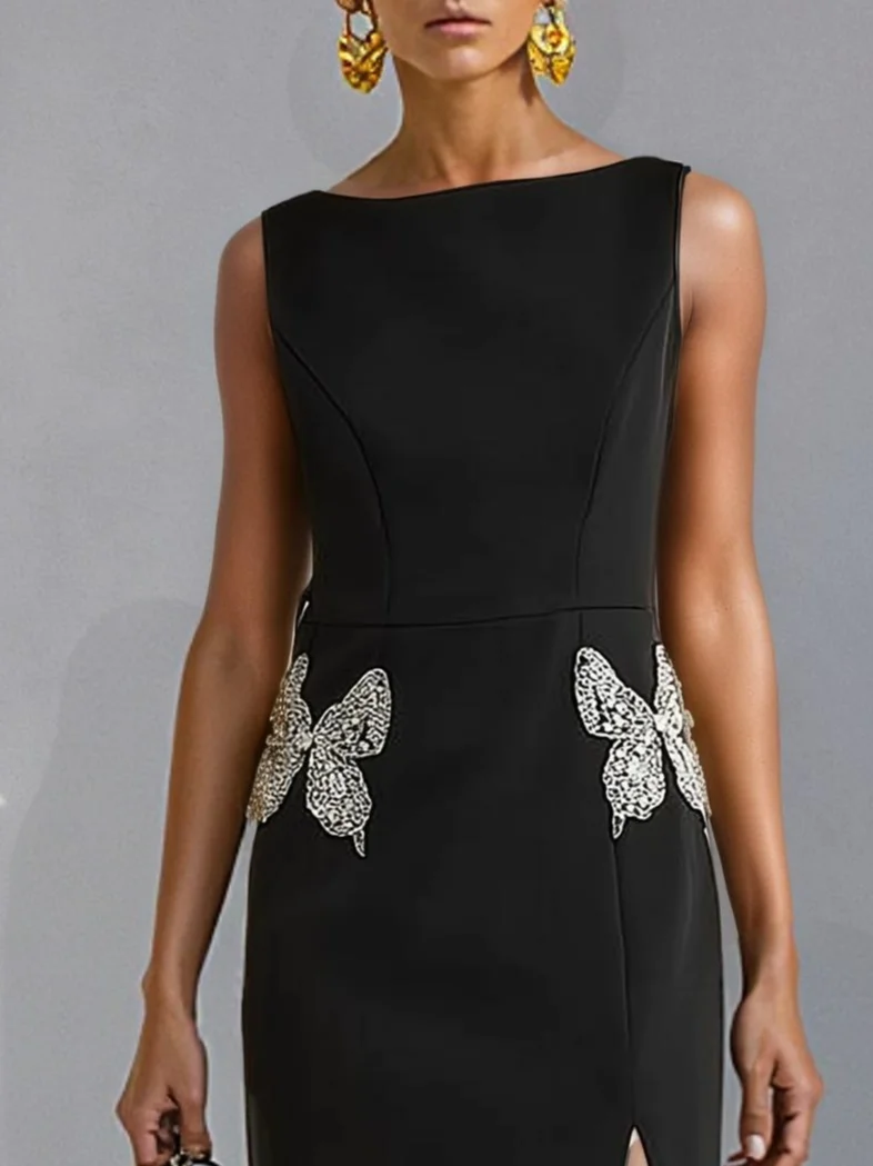 Black Butterfly Slit Classic Boat Neck Sleeveless Sheath Maxi Dress