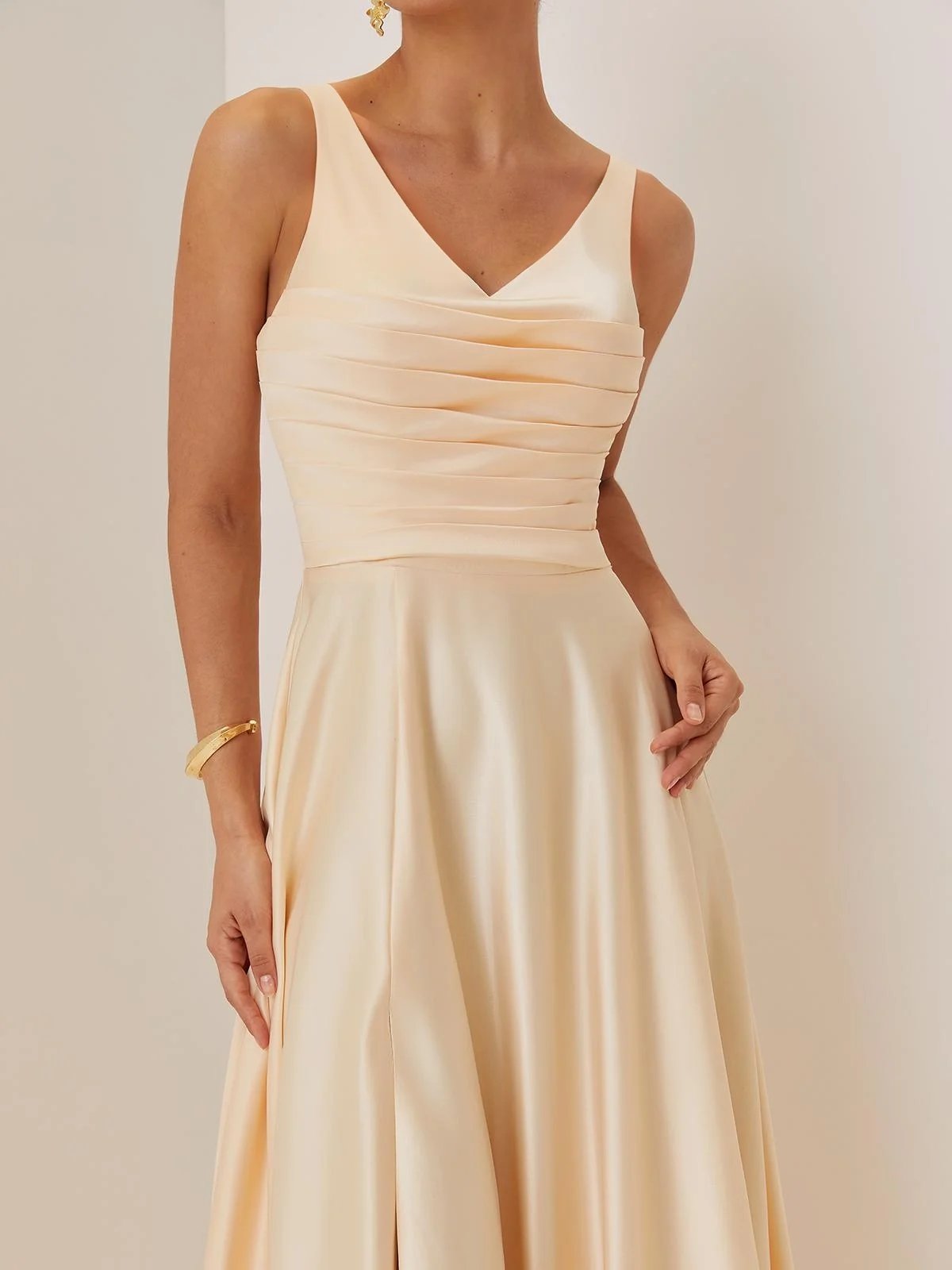 Champagne Ruched Slit Satin V Neck Sleeveless A-Line Maxi Dress