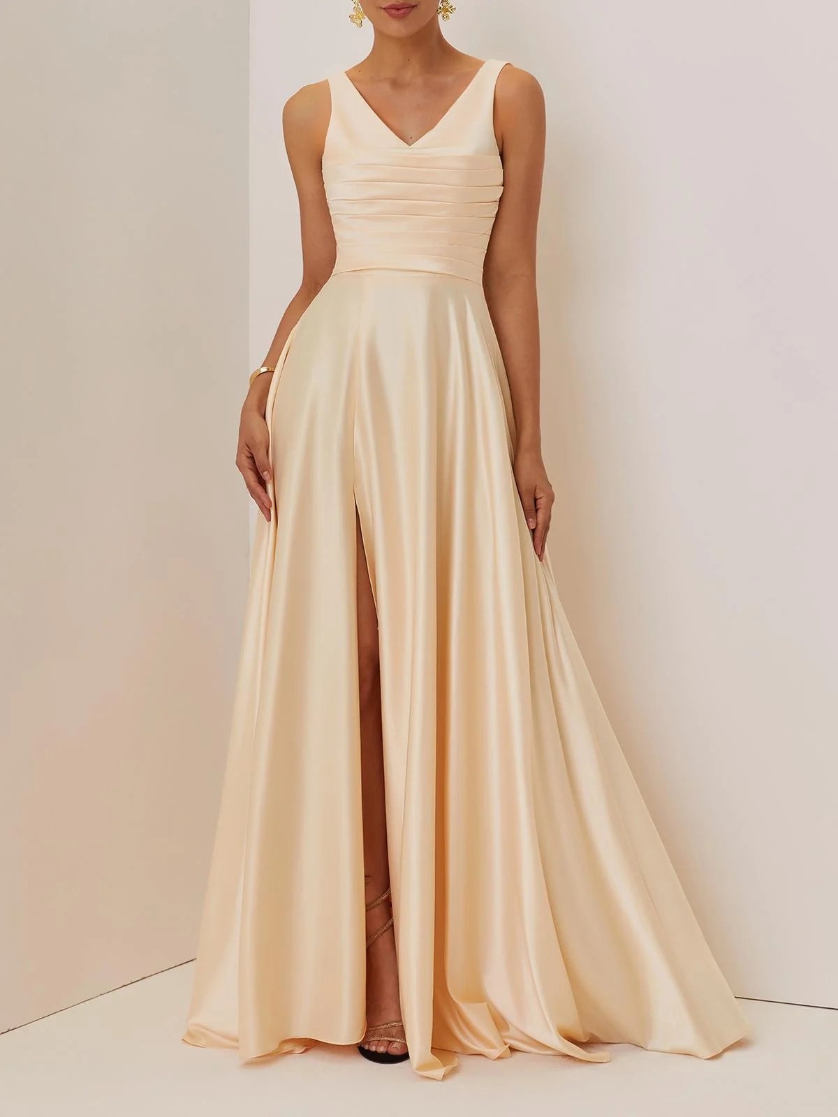 Champagne Ruched Slit Satin V Neck Sleeveless A-Line Maxi Dress