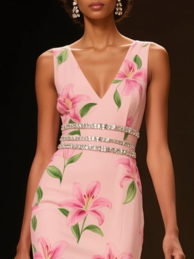 Pink Floral Rhinestone Chiffon V Neck Sleeveless Mermaid Midi Dress