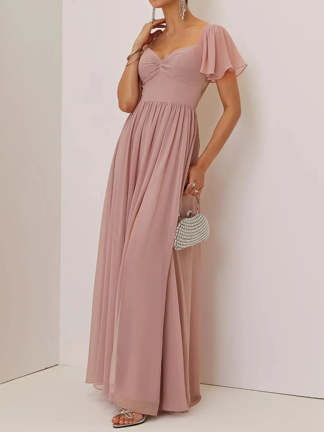 Pink Lace-up Ruched Chiffon Square Neck Gallus Bell Sleeve A-Line Maxi Dress