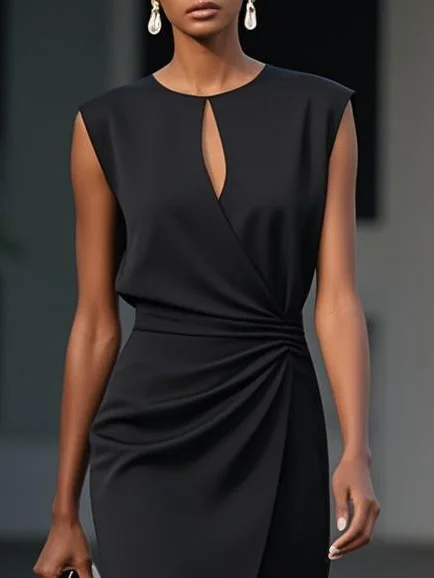 Light Blue Ruched Cut Out Classic Crew Neck Cap Sleeve Sheath Midi Dress