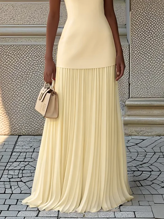 Off White Pleated Classic Boat Neck Sleeveless A-Line Maxi Dress