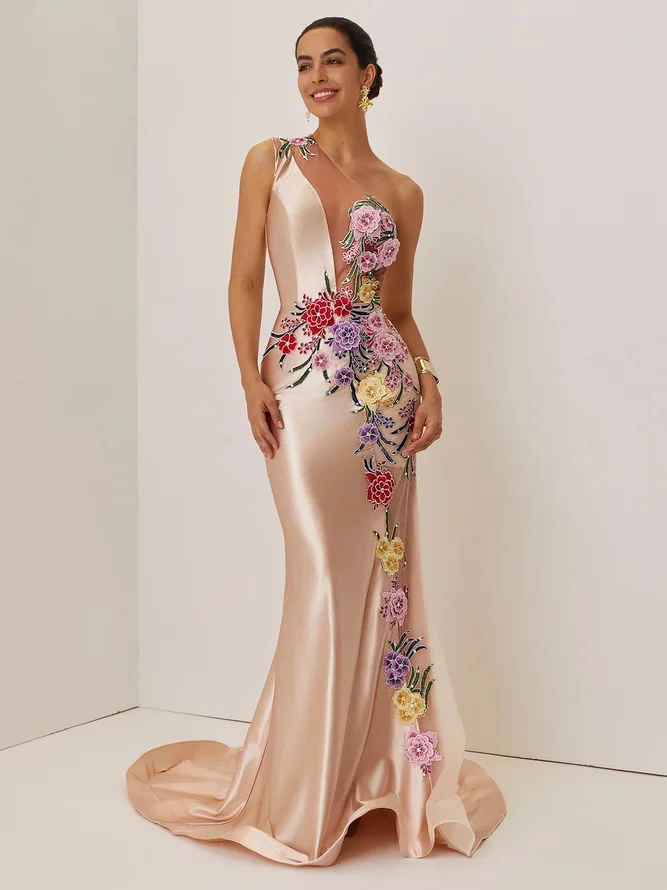 Champagne Applique Embroidery Prom Dress One Shoulder Sleeveless Mermaid Gown Dress