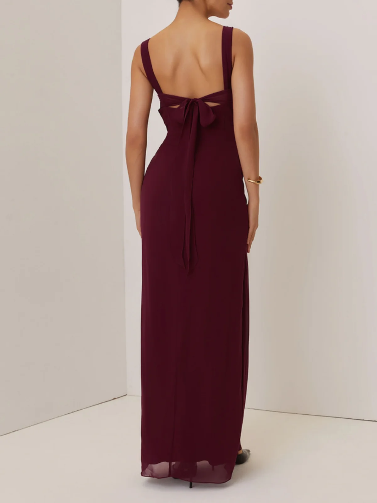 Wine Red Ruched Bow Prom Dress Spaghetti Sleeveless Sheath Maxi Dress