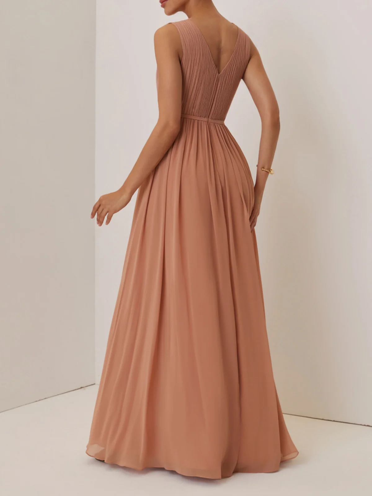 Pink Ruched Prom Dress V Neck Sleeveless A-Line Maxi Dress