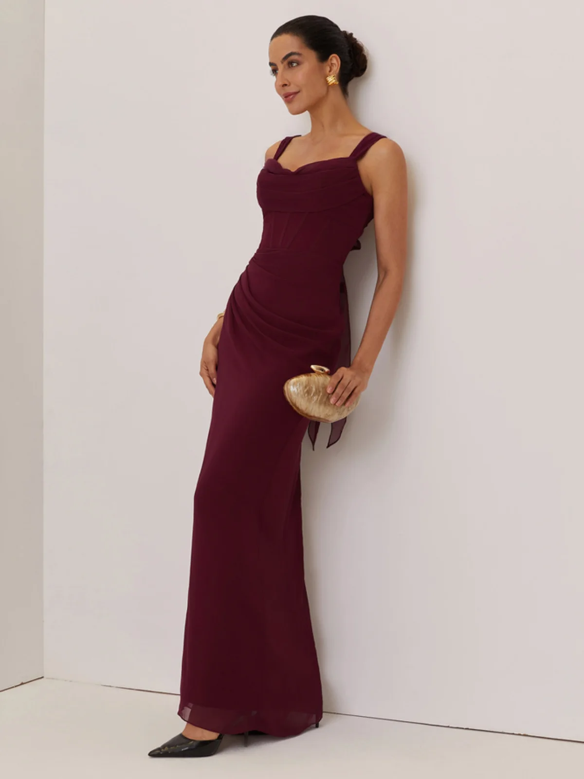 Wine Red Ruched Bow Prom Dress Spaghetti Sleeveless Sheath Maxi Dress