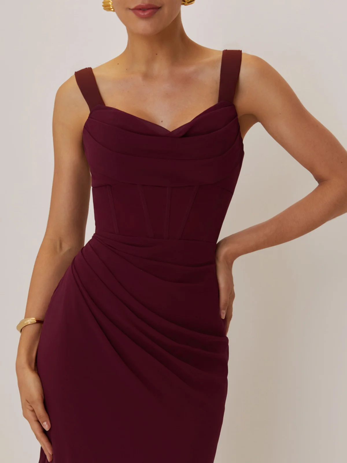 Wine Red Ruched Bow Prom Dress Spaghetti Sleeveless Sheath Maxi Dress