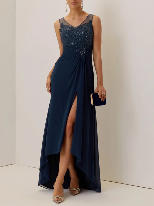 Purplish blue Lace Rhinestone Prom Dress V Neck Sleeveless A-Line Maxi Dress