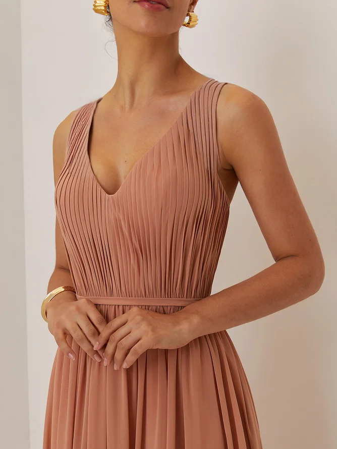 Pink Ruched Prom Dress V Neck Sleeveless A-Line Maxi Dress