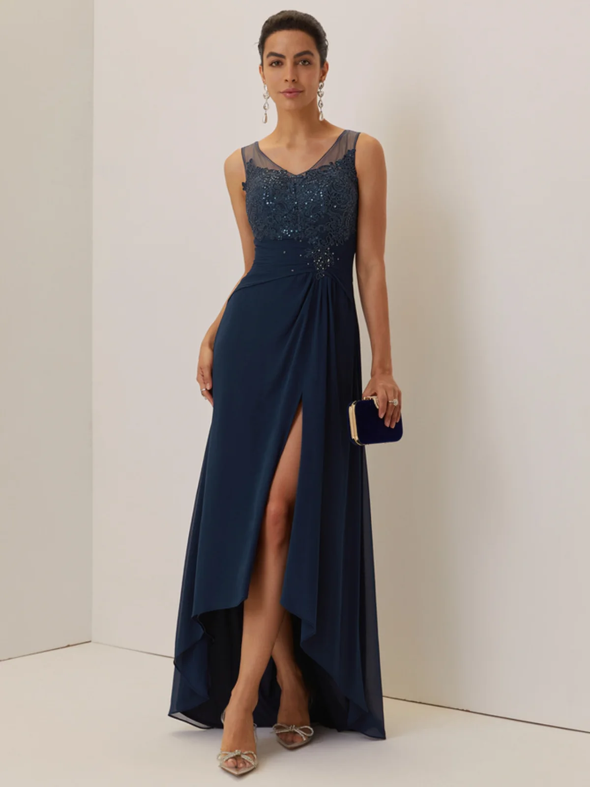 Purplish blue Lace Rhinestone Prom Dress V Neck Sleeveless A-Line Maxi Dress