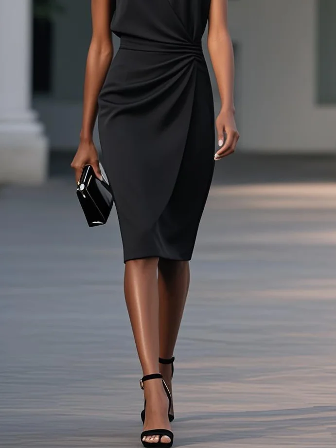Light Blue Ruched Cut Out Classic Crew Neck Cap Sleeve Sheath Midi Dress