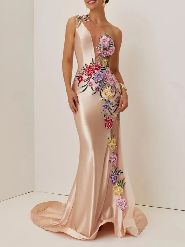 Champagne Applique Embroidery Prom Dress One Shoulder Sleeveless Mermaid Gown Dress