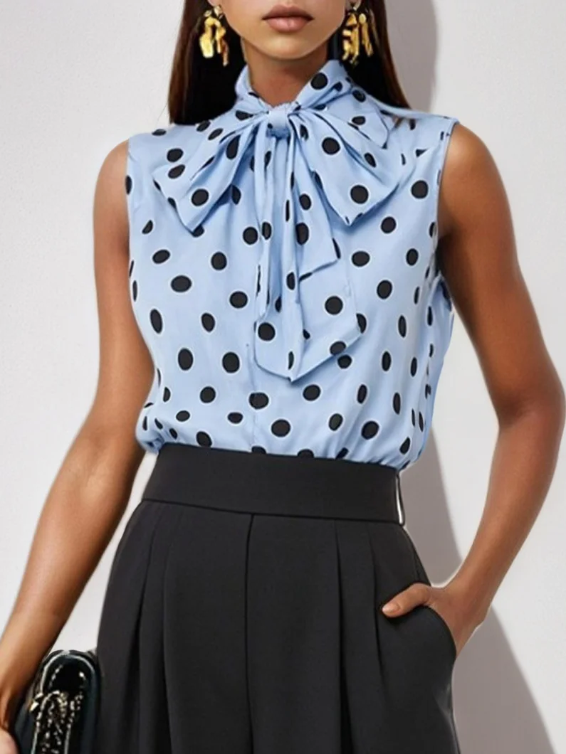 Women Black Lace Bow Crew Neck Sleeveless Two-Piece Set
