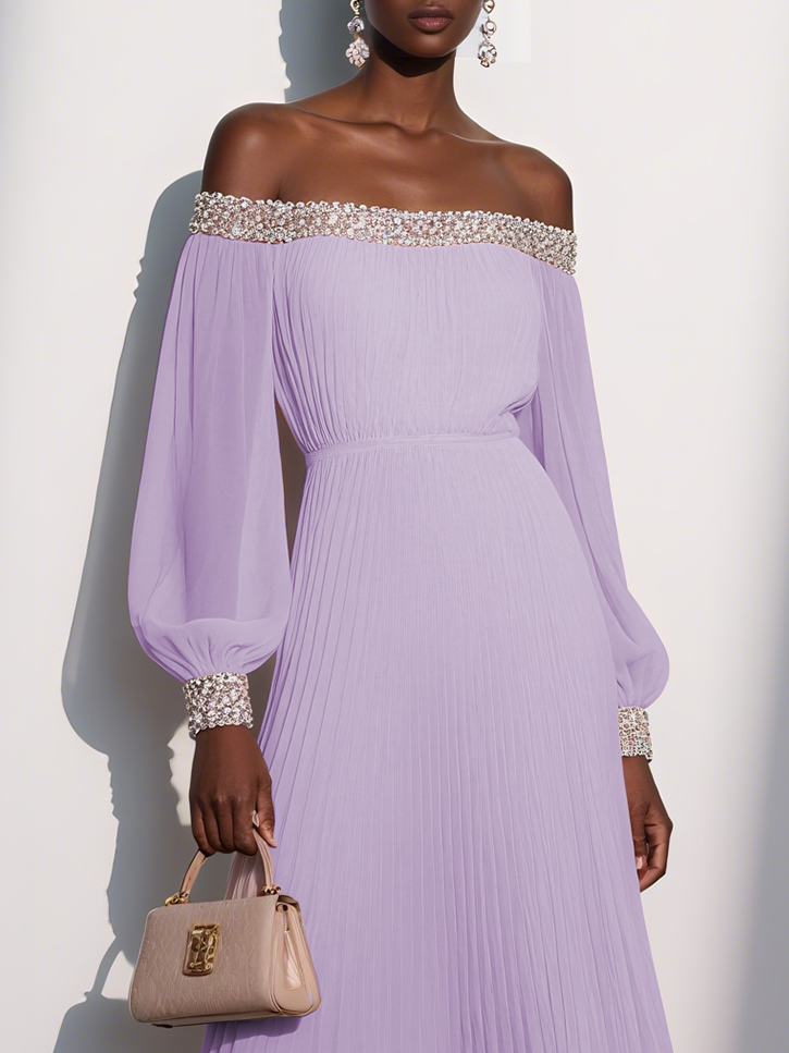 Pink Pleated Hotfix Embellished Chiffon Off The Shoulder Long Sleeve Balloon Sleeve A-Line Maxi Dress