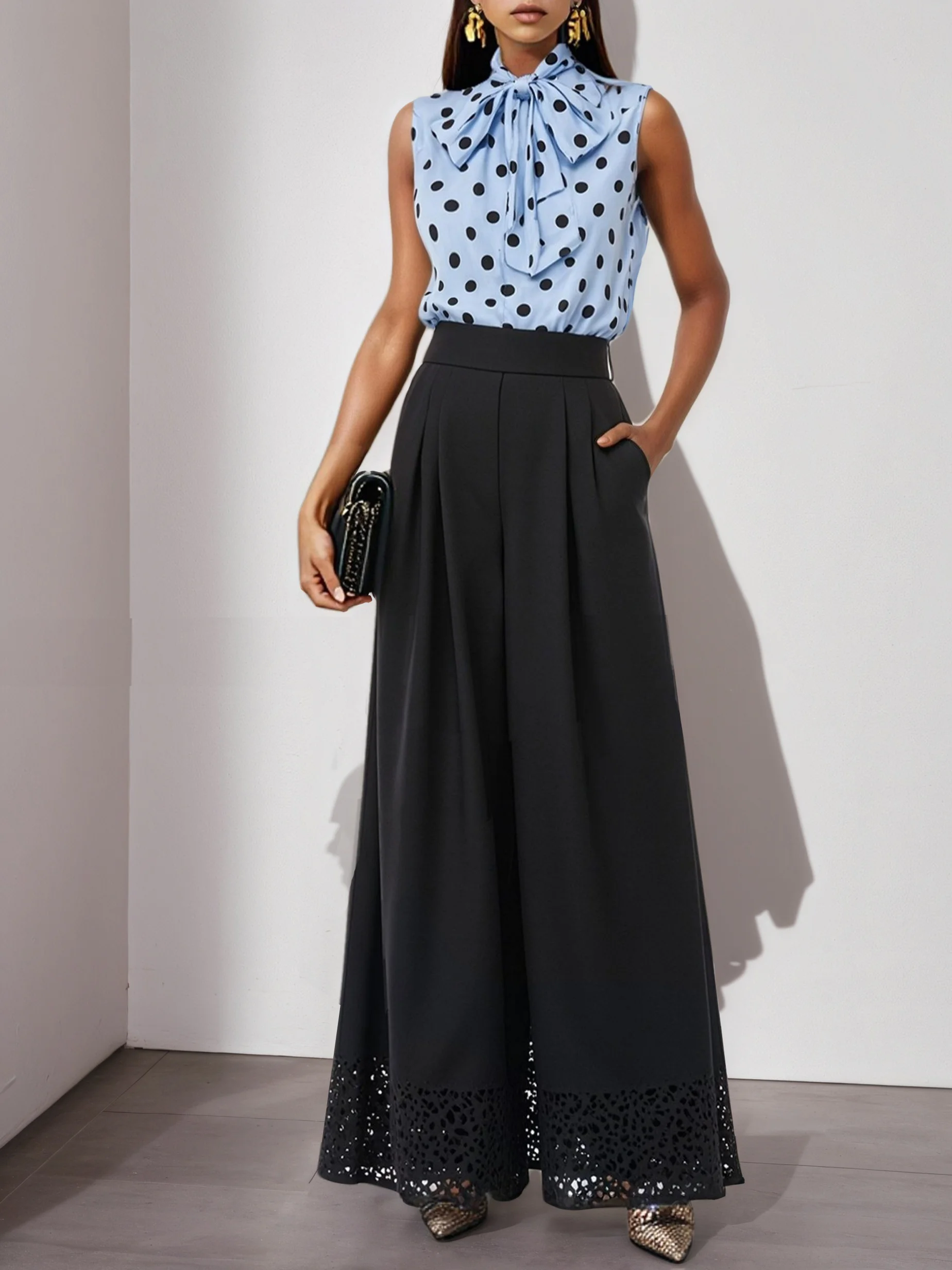 Women Black Lace Bow Crew Neck Sleeveless Two-Piece Set