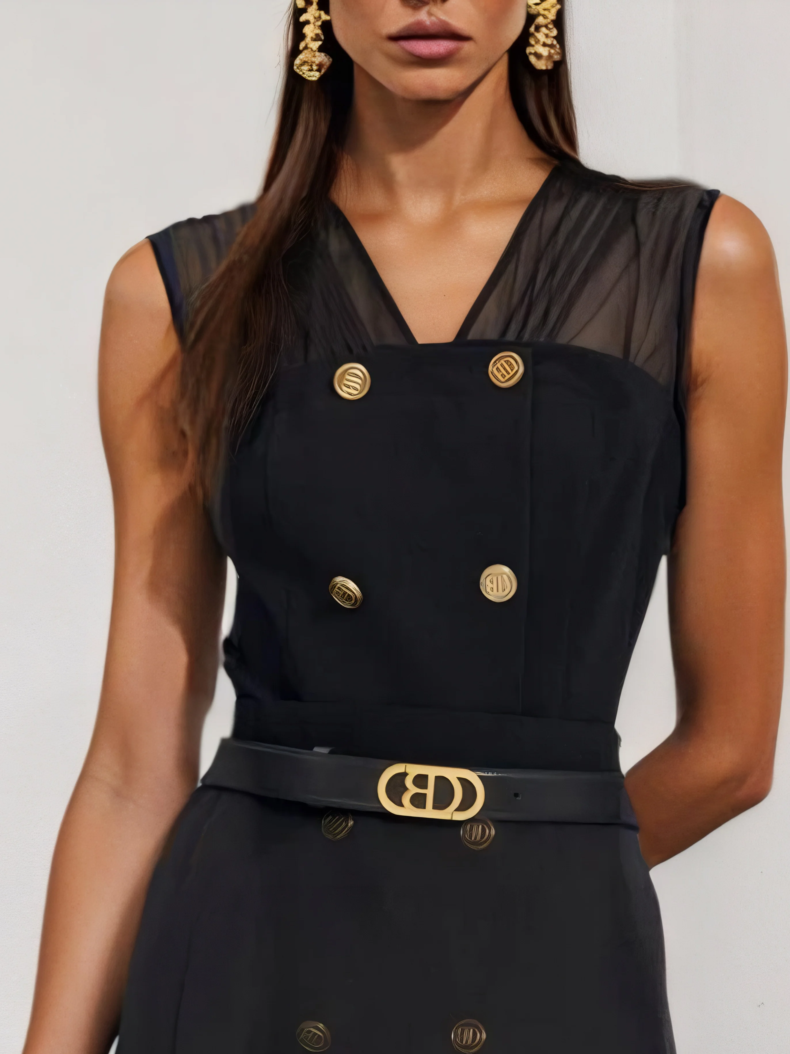 Black Buckle Ruched Classic V Neck Sleeveless A-Line Midi Dress