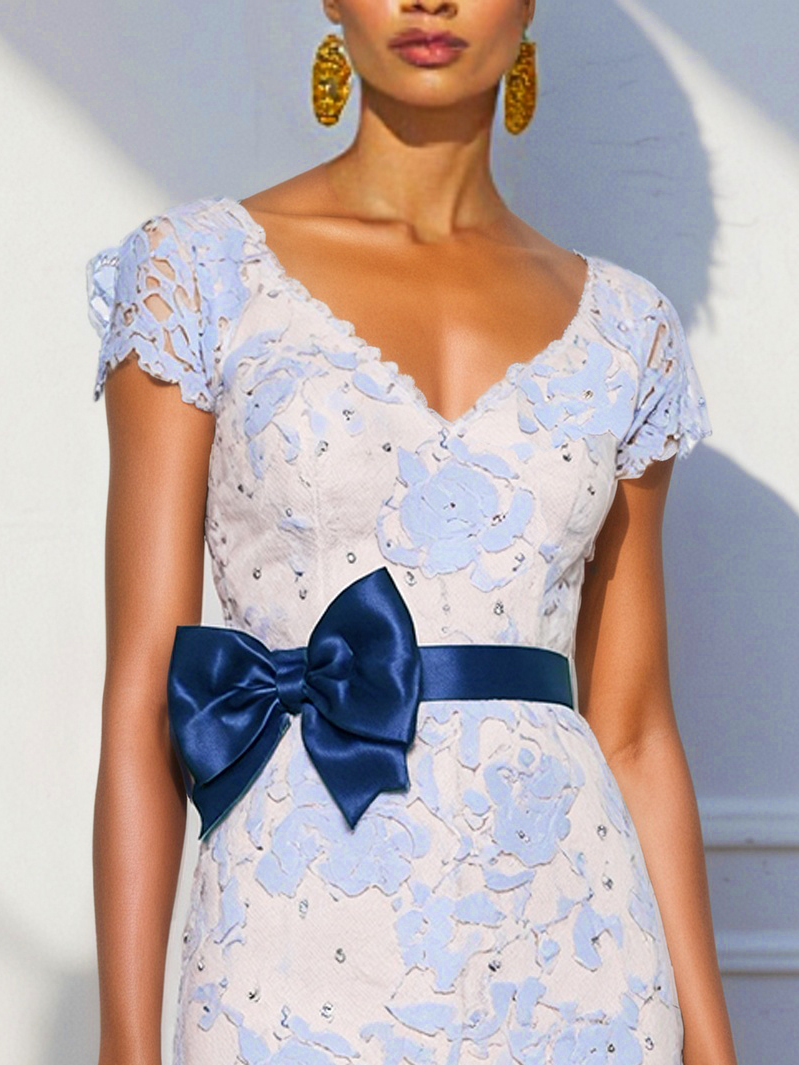 Blue Bow Jacquard Classic V Neck Short Sleeve Mermaid Midi Dress
