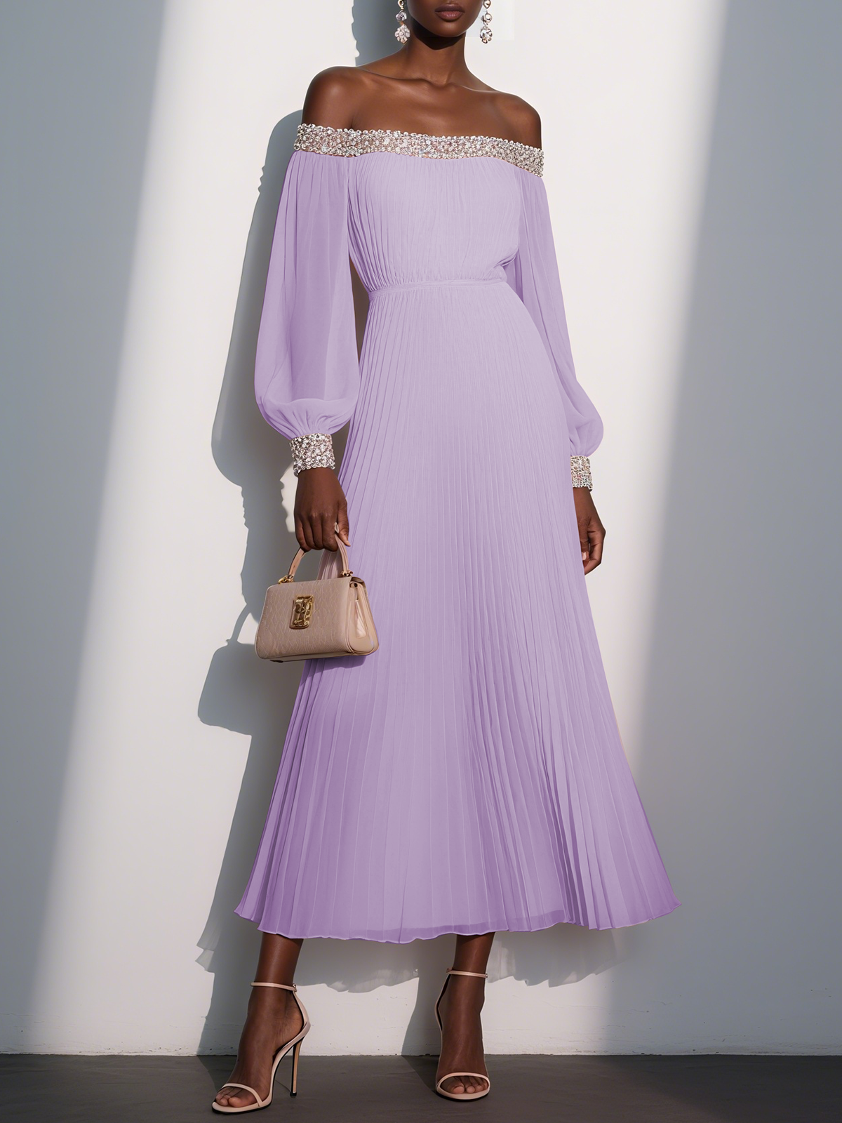 Pink Pleated Hotfix Embellished Chiffon Off The Shoulder Long Sleeve Balloon Sleeve A-Line Maxi Dress