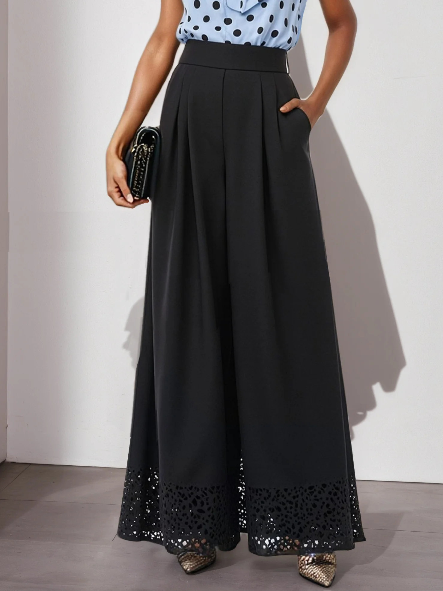 Women Black Lace Bow Crew Neck Sleeveless Two-Piece Set