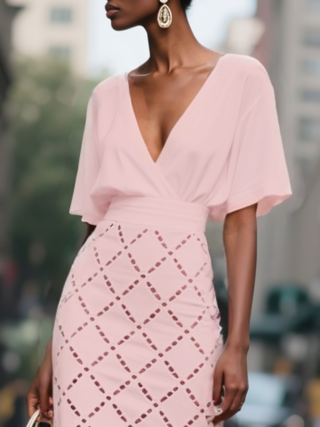 White Hollow Out Classic V Neck Short Sleeve Sheath Midi Dress