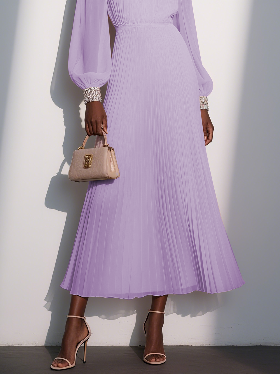 Pink Pleated Hotfix Embellished Chiffon Off The Shoulder Long Sleeve Balloon Sleeve A-Line Maxi Dress