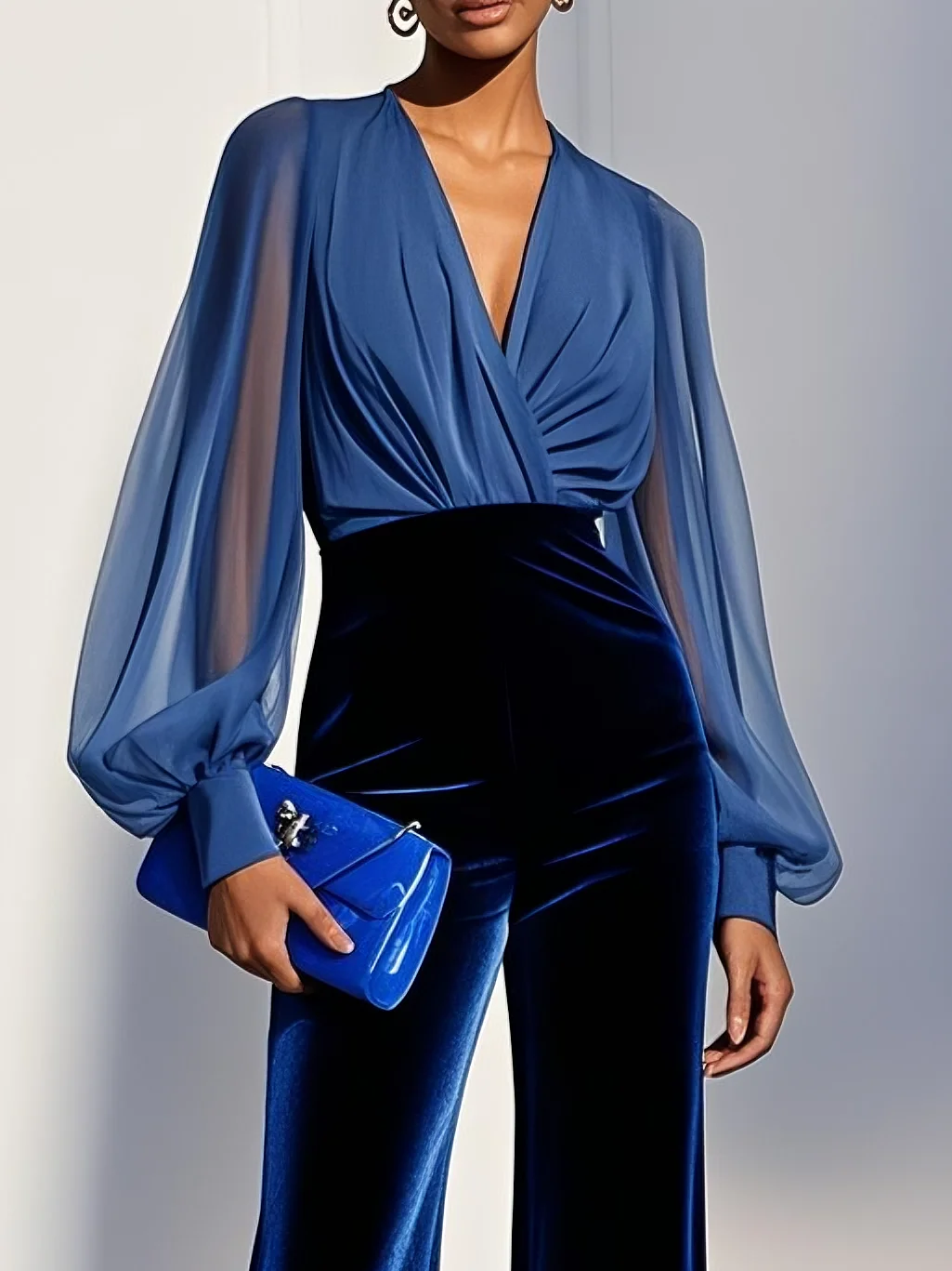 Royal Blue V Neck Mesh Long Sleeve Velvet Jumpsuit