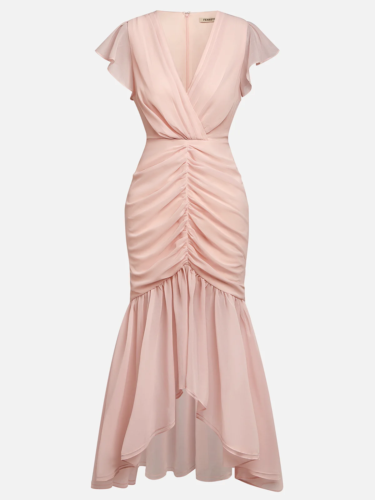 Purplish Blue Shirred Ruched Chiffon Lotus Leaf Collar Cap Sleeve Ruffle Sleeve Mermaid Midi Dress