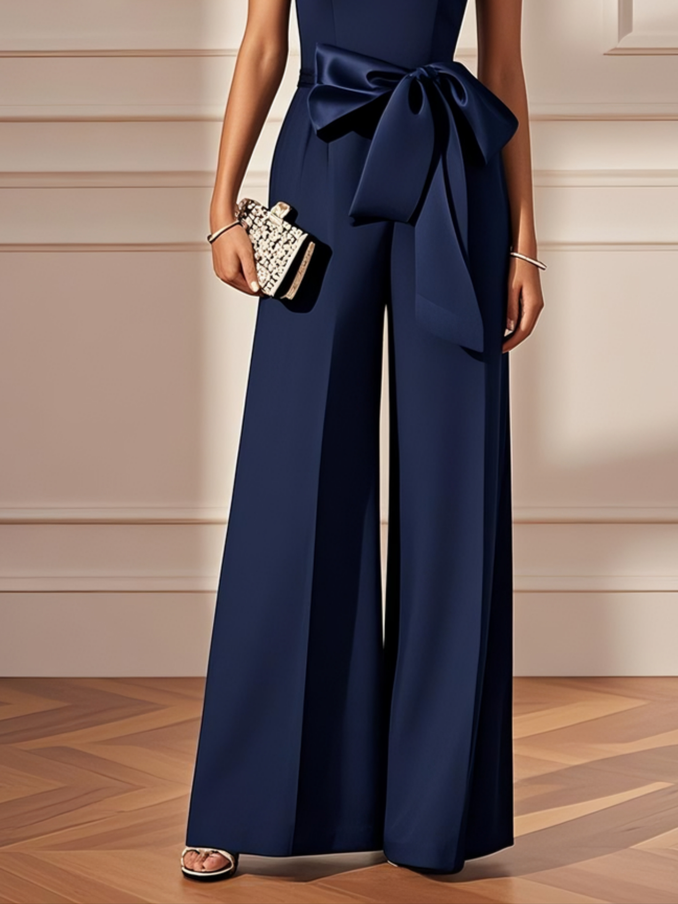 Purplish blue Bow Rhinestone Sleeveless Jumpsuit