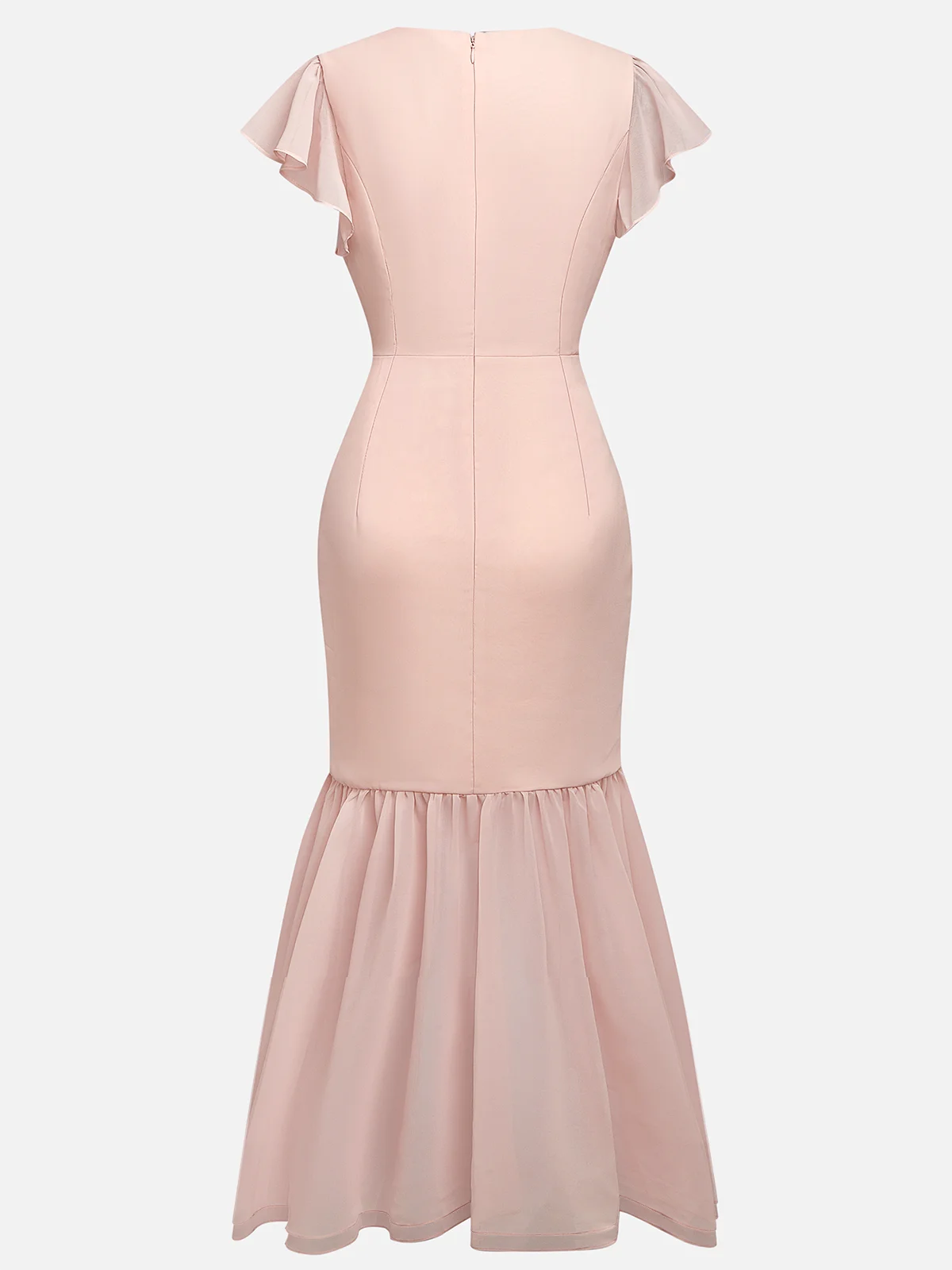Purplish Blue Shirred Ruched Chiffon Lotus Leaf Collar Cap Sleeve Ruffle Sleeve Mermaid Midi Dress
