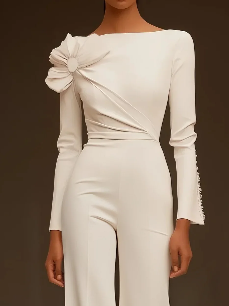 White Crew Neck Plain Bow Long Sleeve Jumpsuit