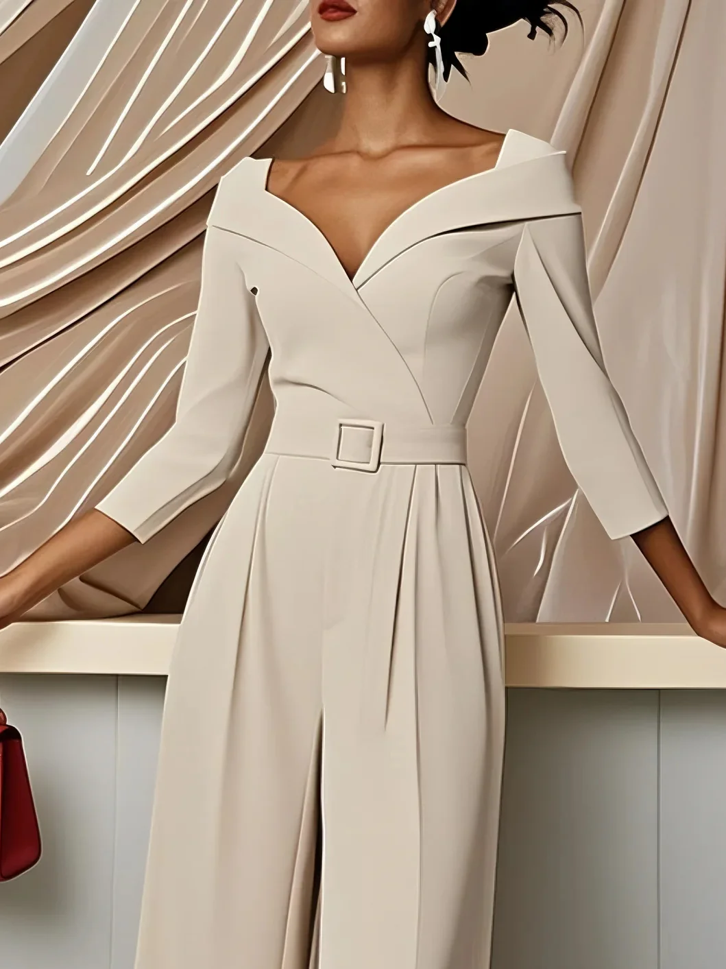 Plain  Long Sleeve Sweetheart Neckline Jumpsuit