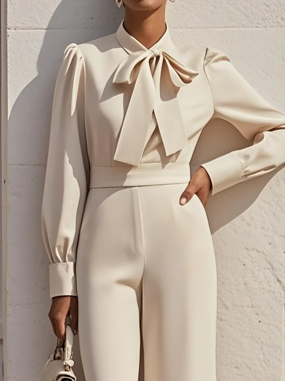 Beige Bow Long sleeve  Jumpsuit