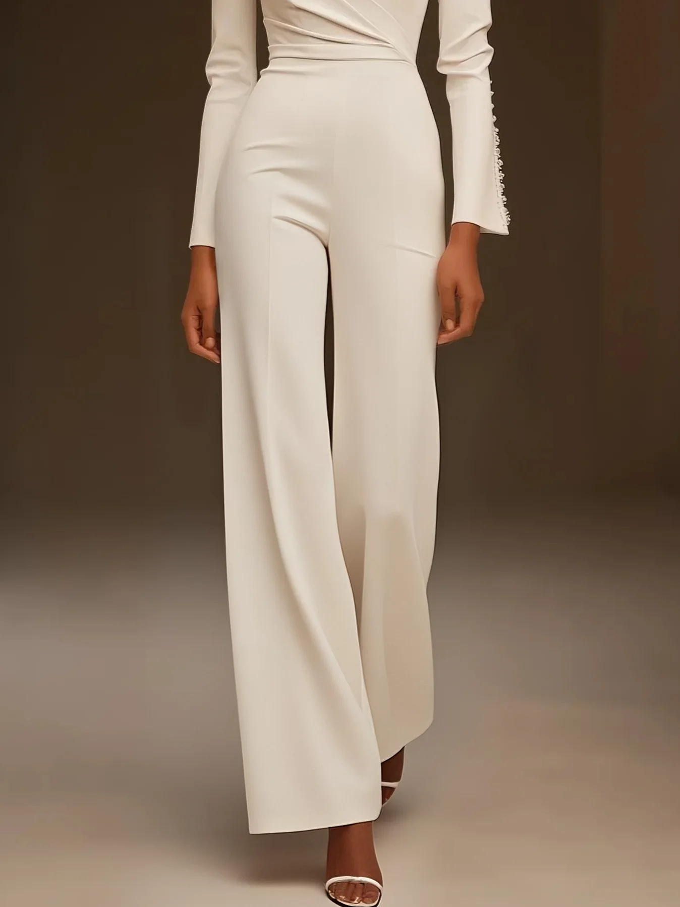 White Crew Neck Plain Bow Long Sleeve Jumpsuit