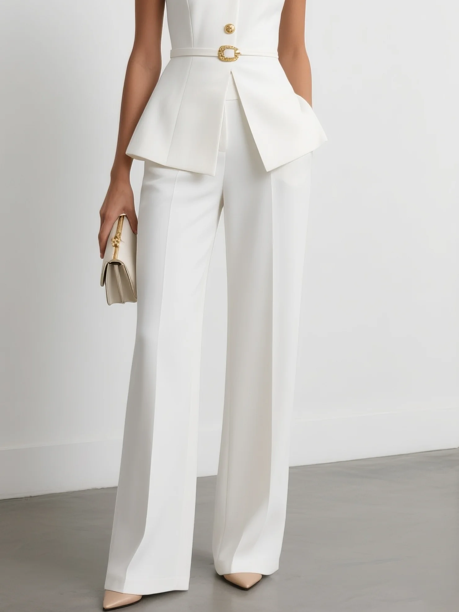 Women White Buckle Crew Neck Sleeveless Two-Piece Set