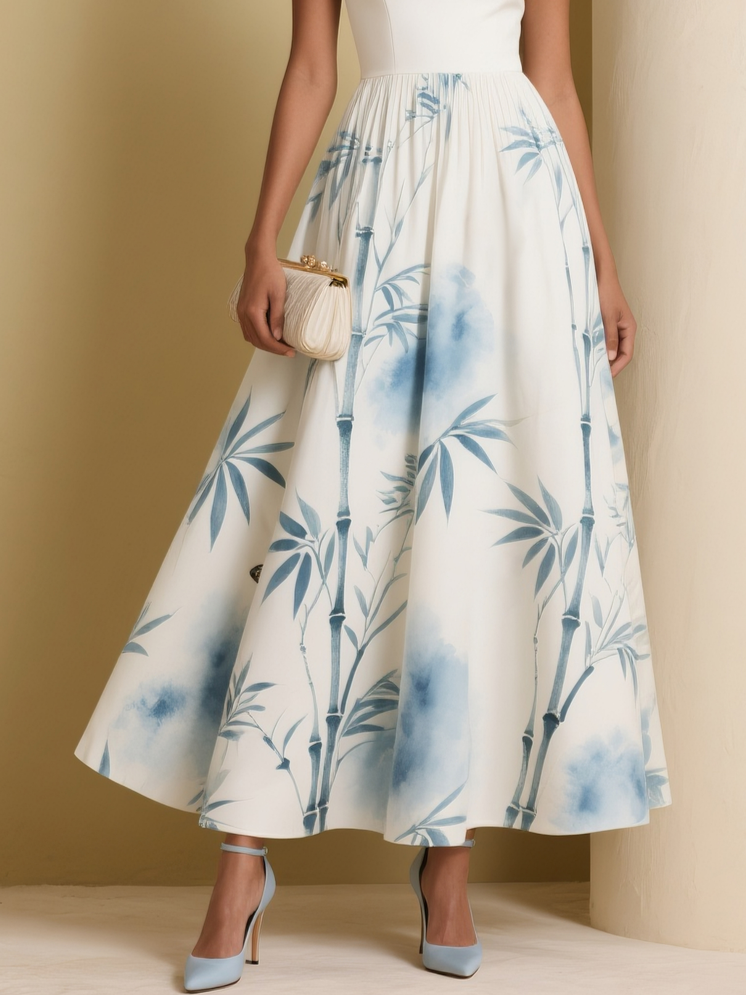 Light Blue Printing Classic Notched Sleeveless A-Line Maxi Dress
