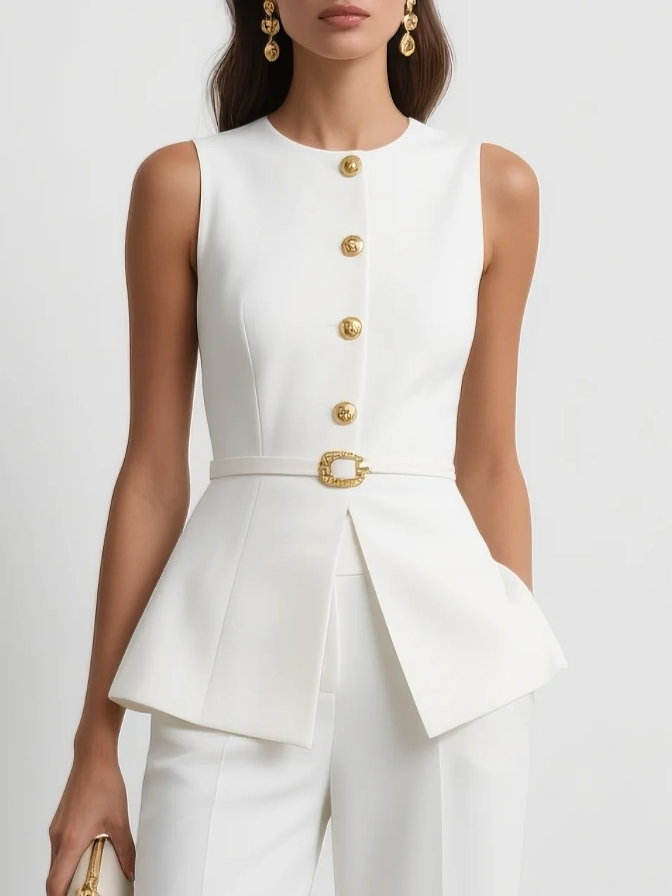 Women White Buckle Crew Neck Sleeveless Two-Piece Set