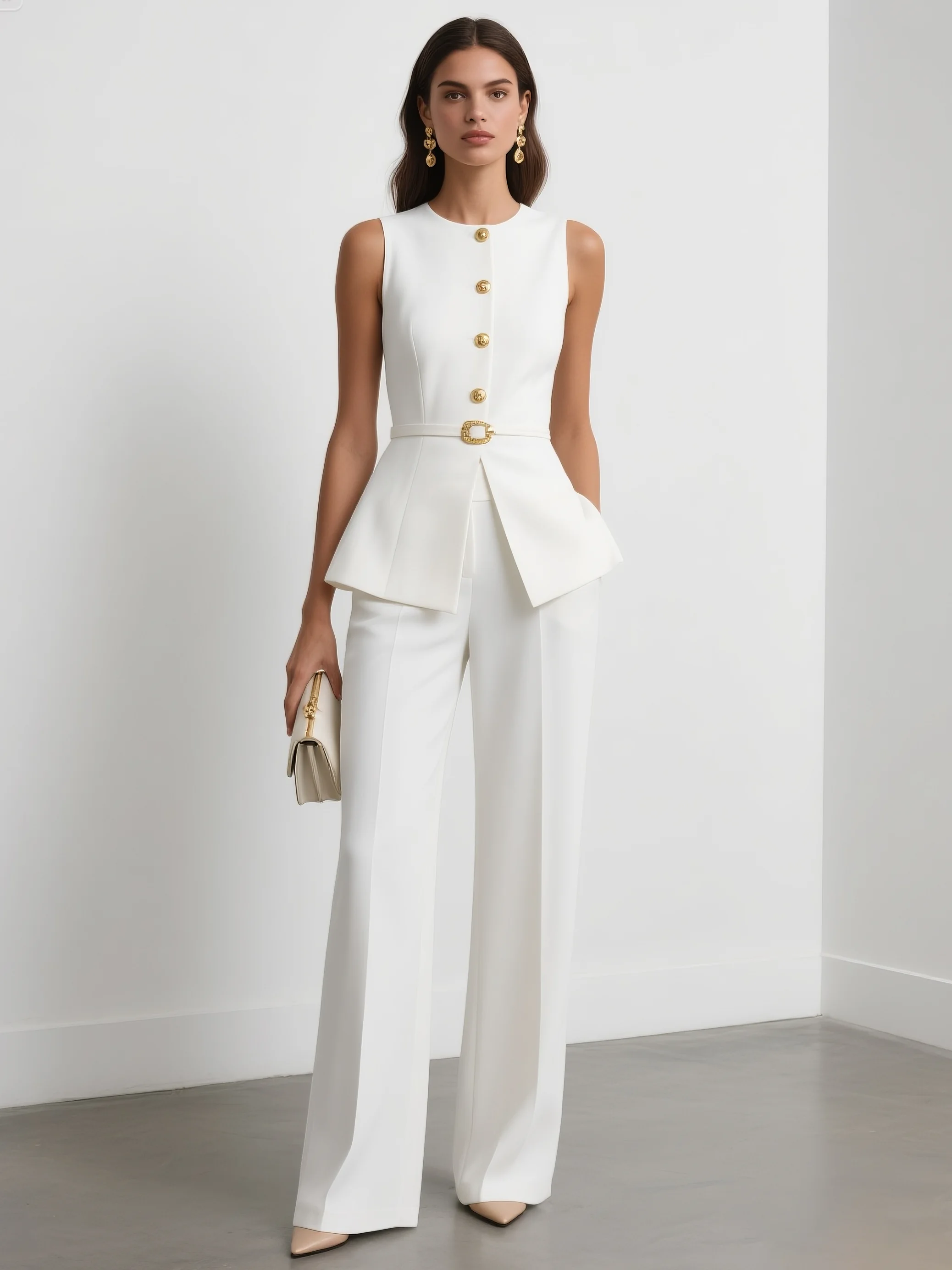 Women White Buckle Crew Neck Sleeveless Top With Pants Two-Piece Set