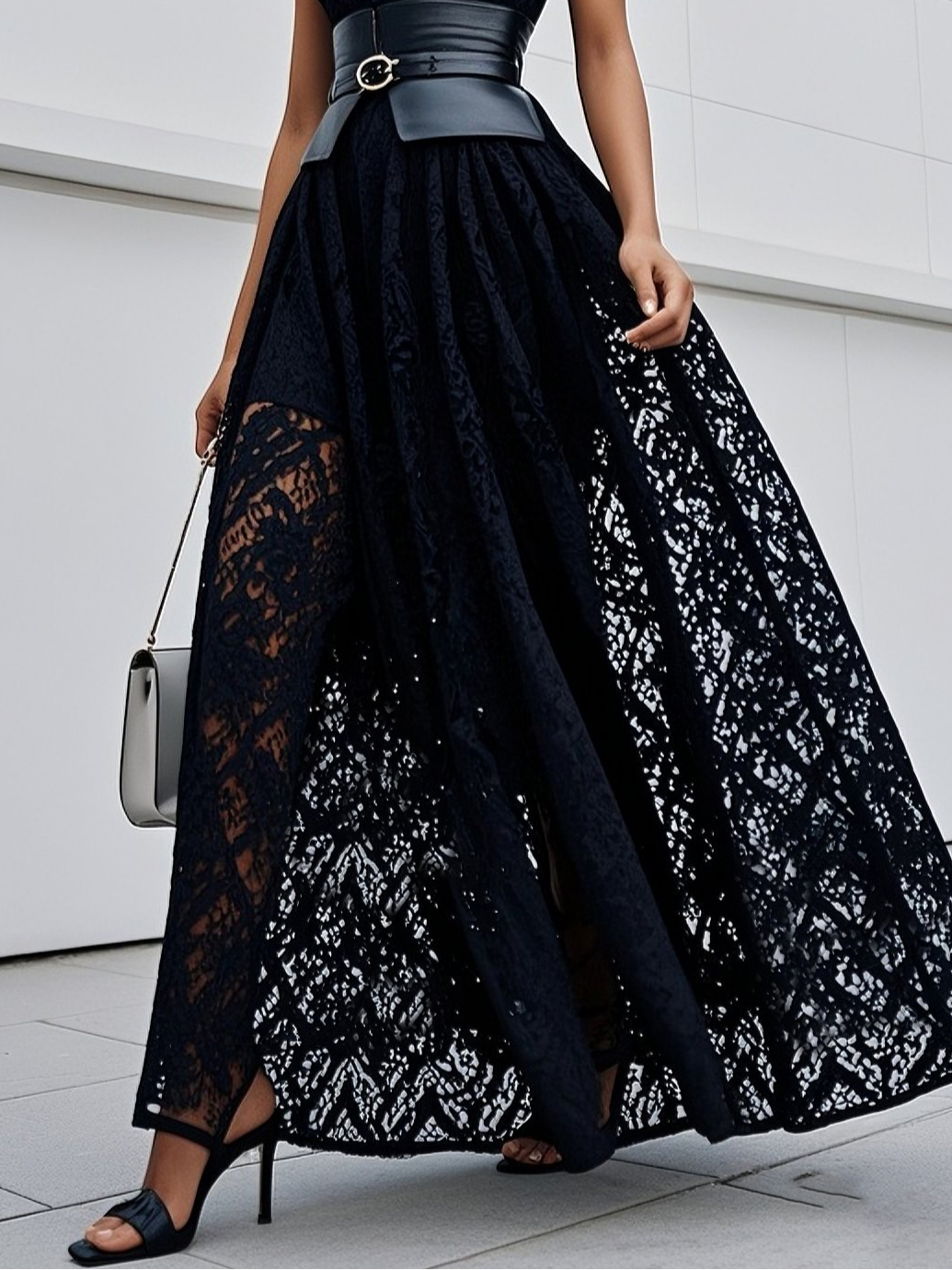 Black Lace Lace Crew Neck Sleeveless A-Line Maxi Dress