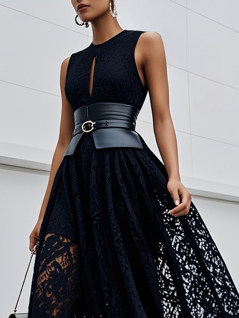 Black Lace Lace Crew Neck Sleeveless A-Line Maxi Dress