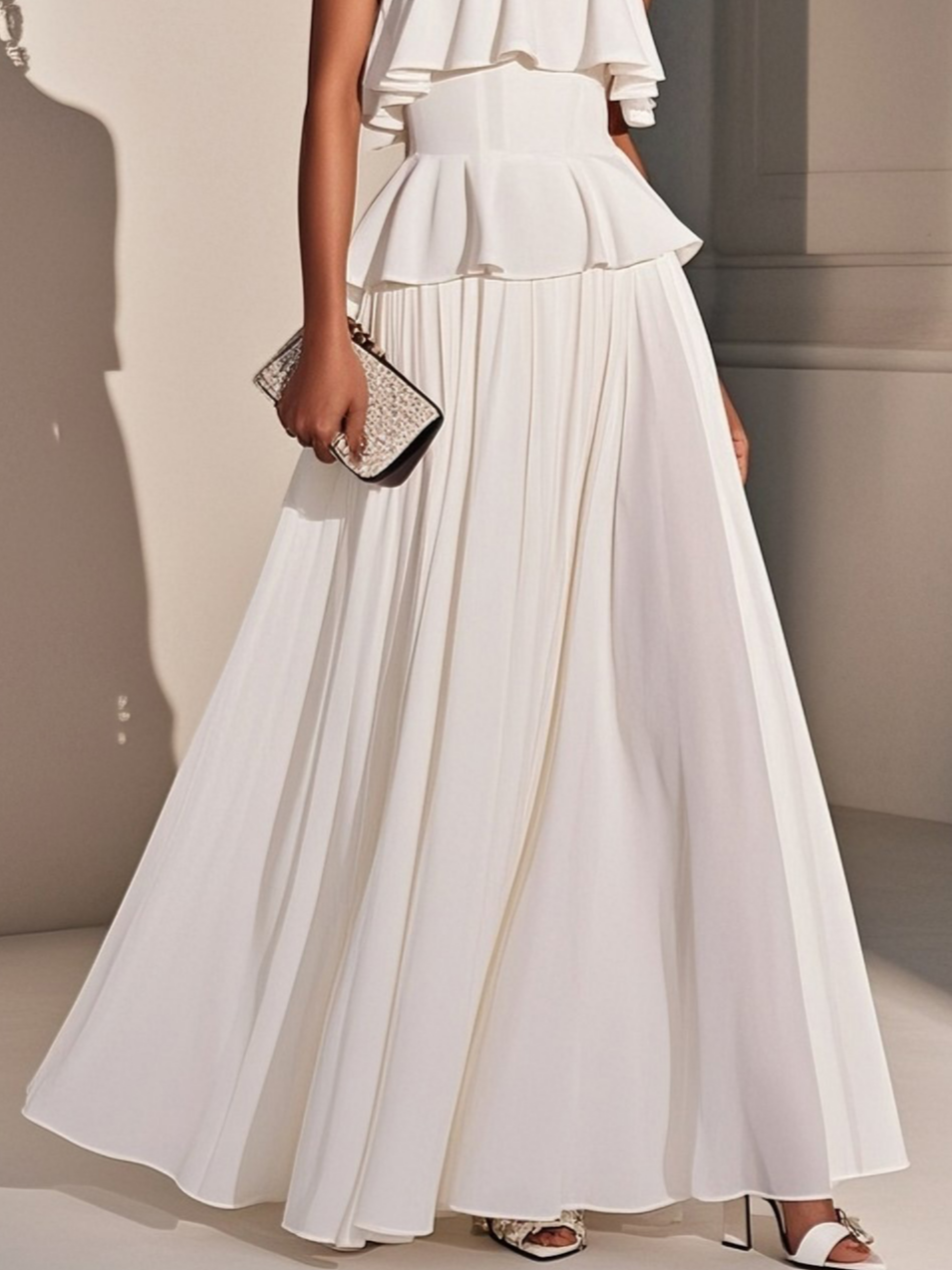 White Ruffled Classic Strapless Sleeveless A-Line Maxi Dress