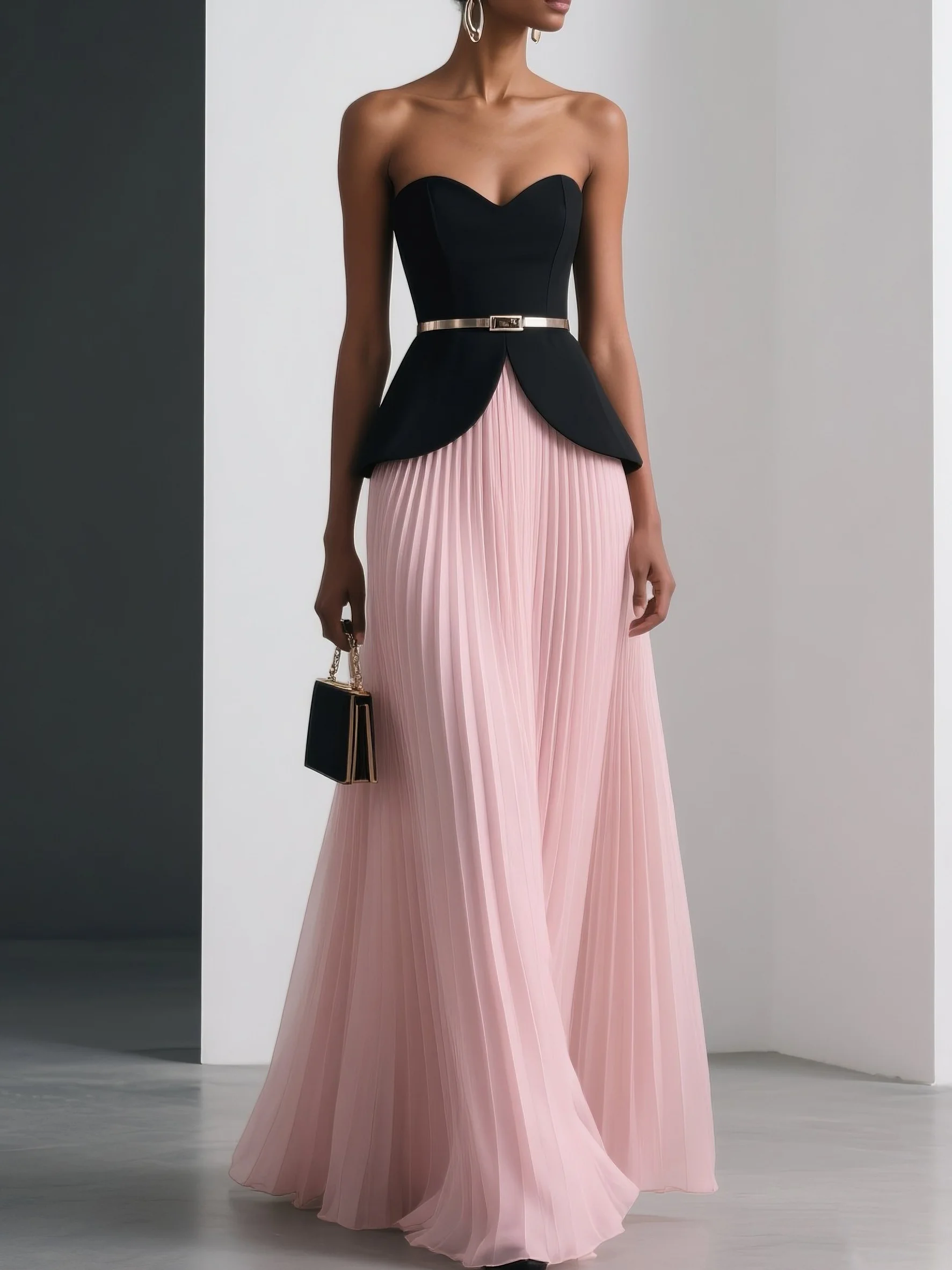 Women Pink Pleated Strapless Sleeveless Two-Piece Dress