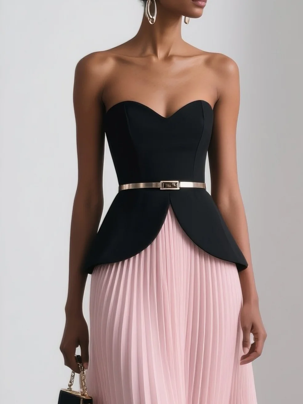 Women Pink Pleated Strapless Sleeveless Two-Piece Dress
