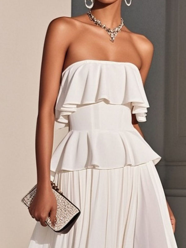 White Ruffled Classic Strapless Sleeveless A-Line Maxi Dress