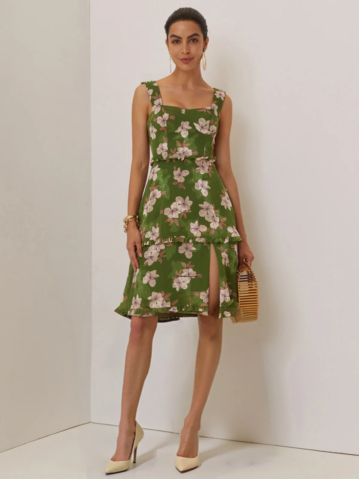 Green Jacquard Tiered Classic Spaghetti Sleeveless A-Line Midi Dress