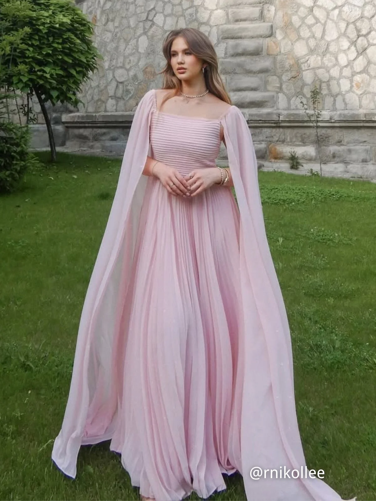 Yellow Pleated Chiffon Dress Square Neck Long Sleeve A-Line Gown