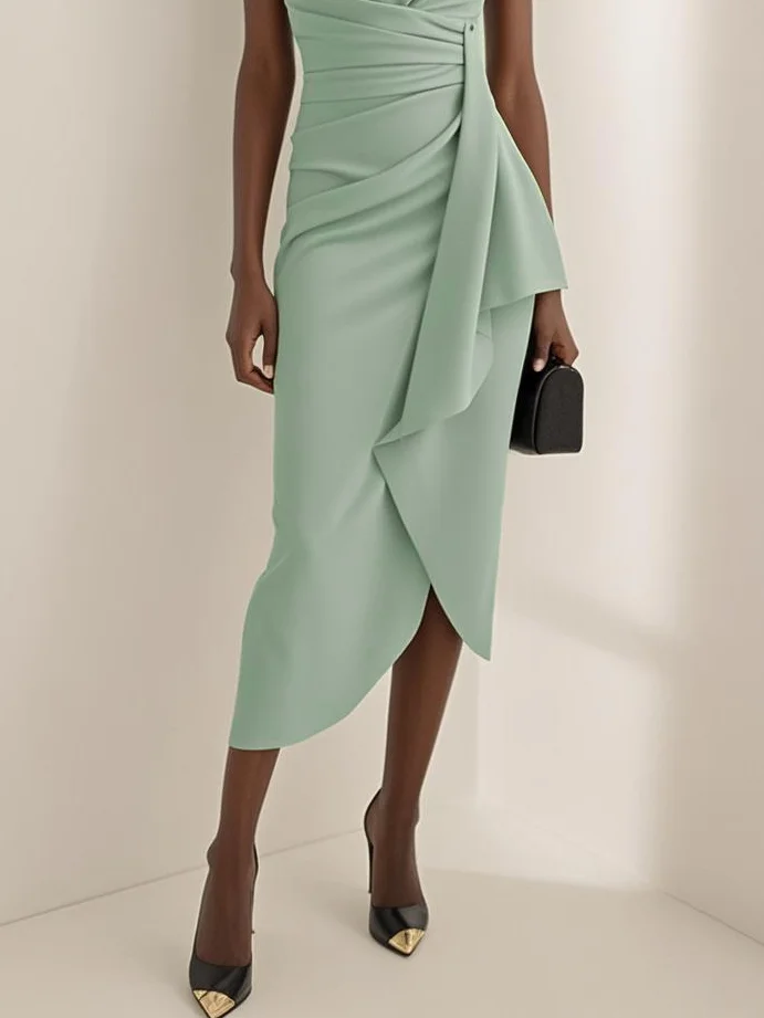 Green Cowl Neck Ruched Cap Sleeve Sheath Midi Dress