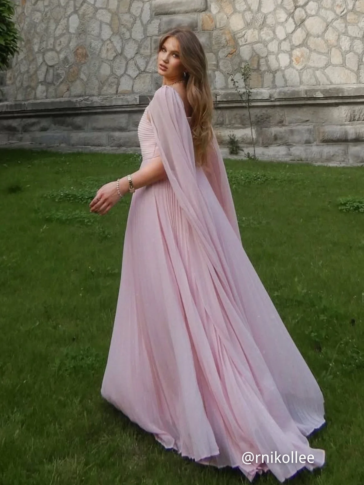 Yellow Pleated Chiffon Dress Square Neck Long Sleeve A-Line Gown