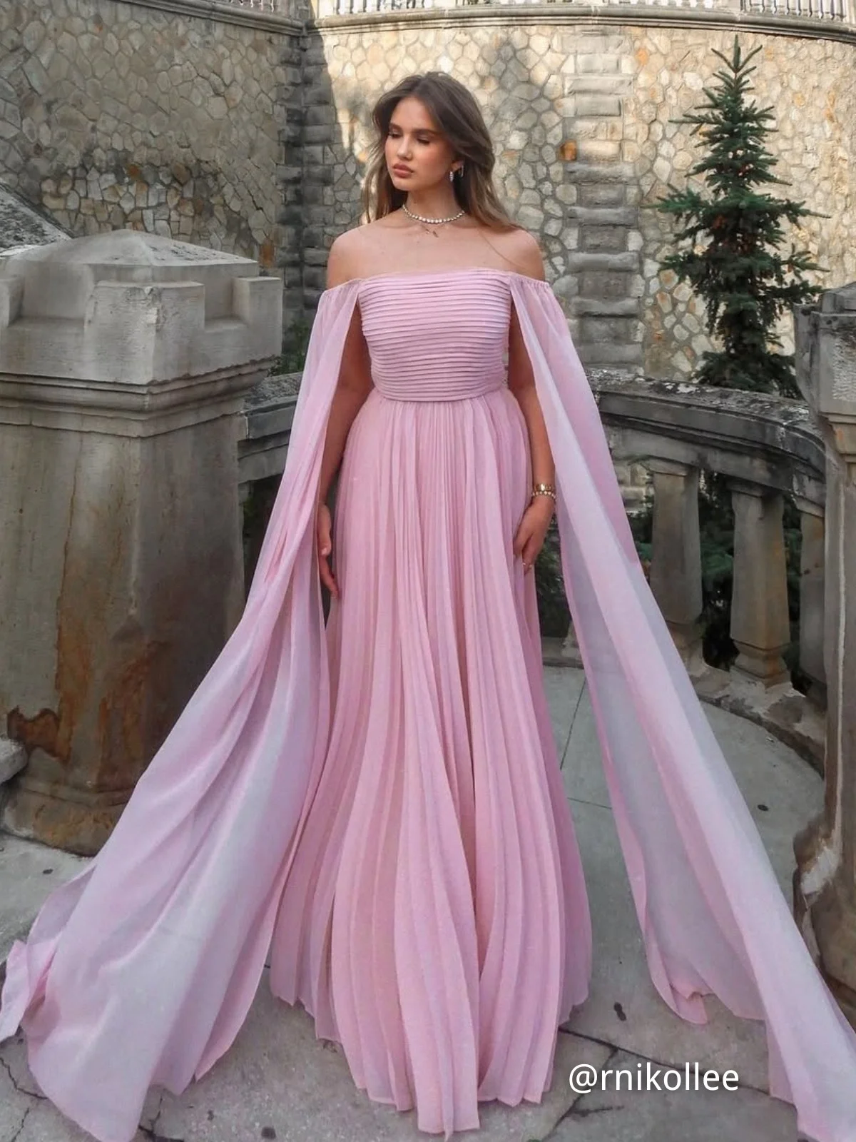 Yellow Pleated Chiffon Dress Square Neck Long Sleeve A-Line Gown