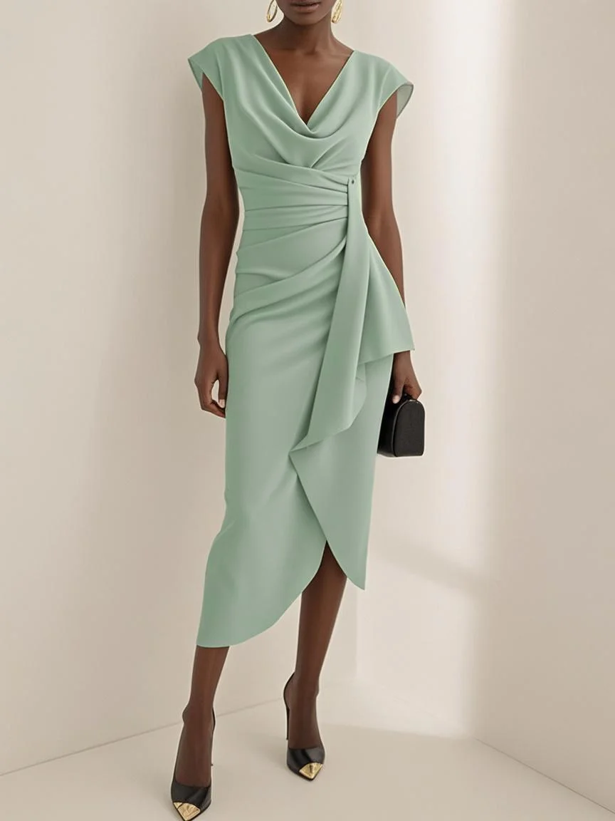 Green Cowl Neck Ruched Cap Sleeve Sheath Midi Dress